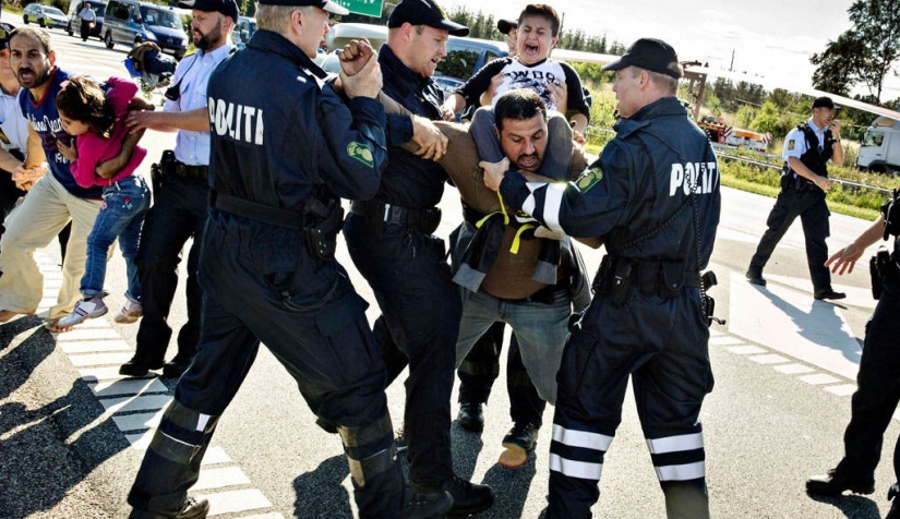 الشرطة تعتقل لاجئًا بينما يسير المئات على طريق سريع قرب بادبورغ في الدنمارك عام 2015