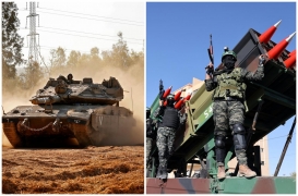 دبابة ميركافا تستعد لإطلاق النار على غزة في الصورة الأولى، وأفراد كتائب عز الدين القسام في عرض عسكري بأحد شوارع خان يونس