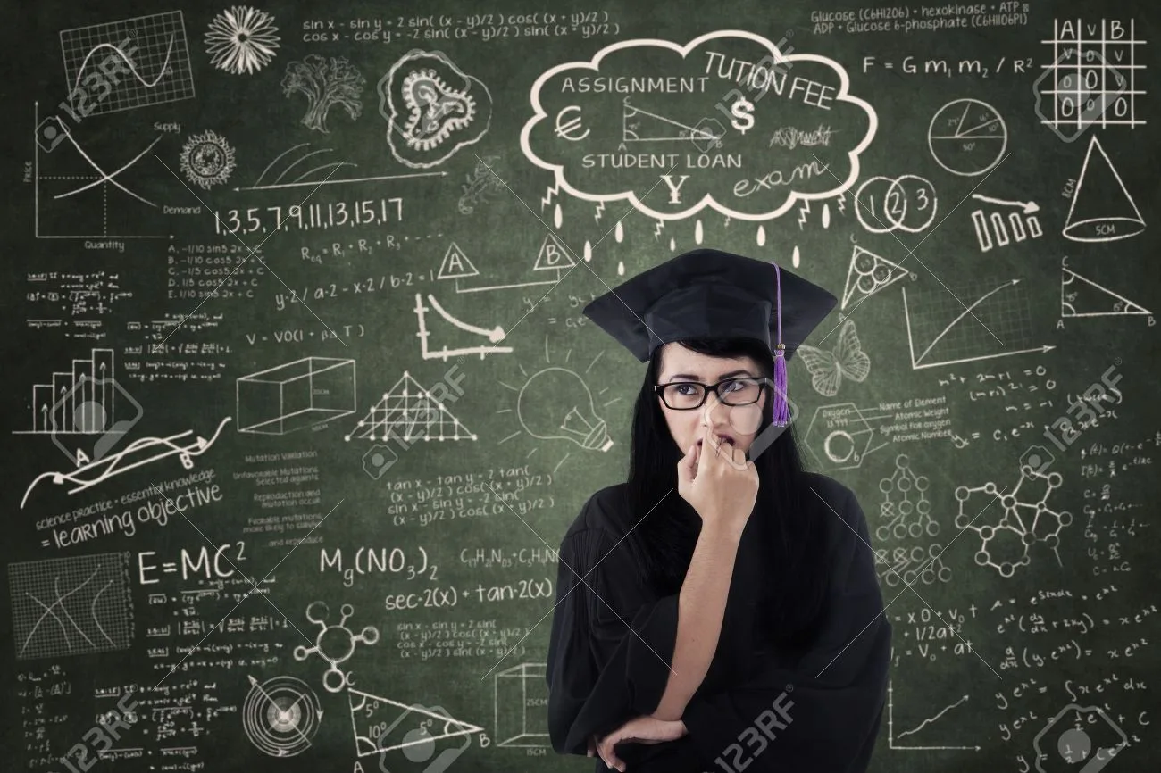 20726145-anxious-female-graduate-thinking-of-paying-school-fees-with-written-blackboard-in-class-stock-photo
