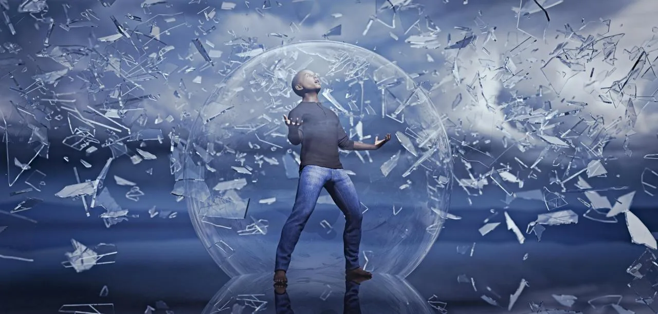 man-standing-in-sphere-protected-from-falling-shards-of-glass_1