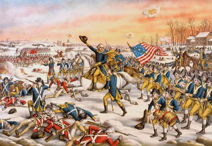 القائد العسكري الأمريكي الجنرال جورج واشنطن يقود الجيش القاري في معركة برينستون أثناء الحرب الثورية الأمريكية سنة 1777.