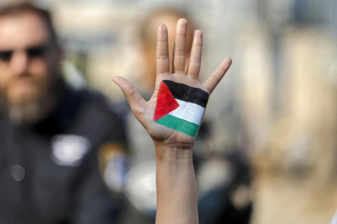 متظاهر يرفع يده المرسوم عليها علم فلسطين في مظاهرة ضد الاحتلال الإسرائيلي والاستيطان