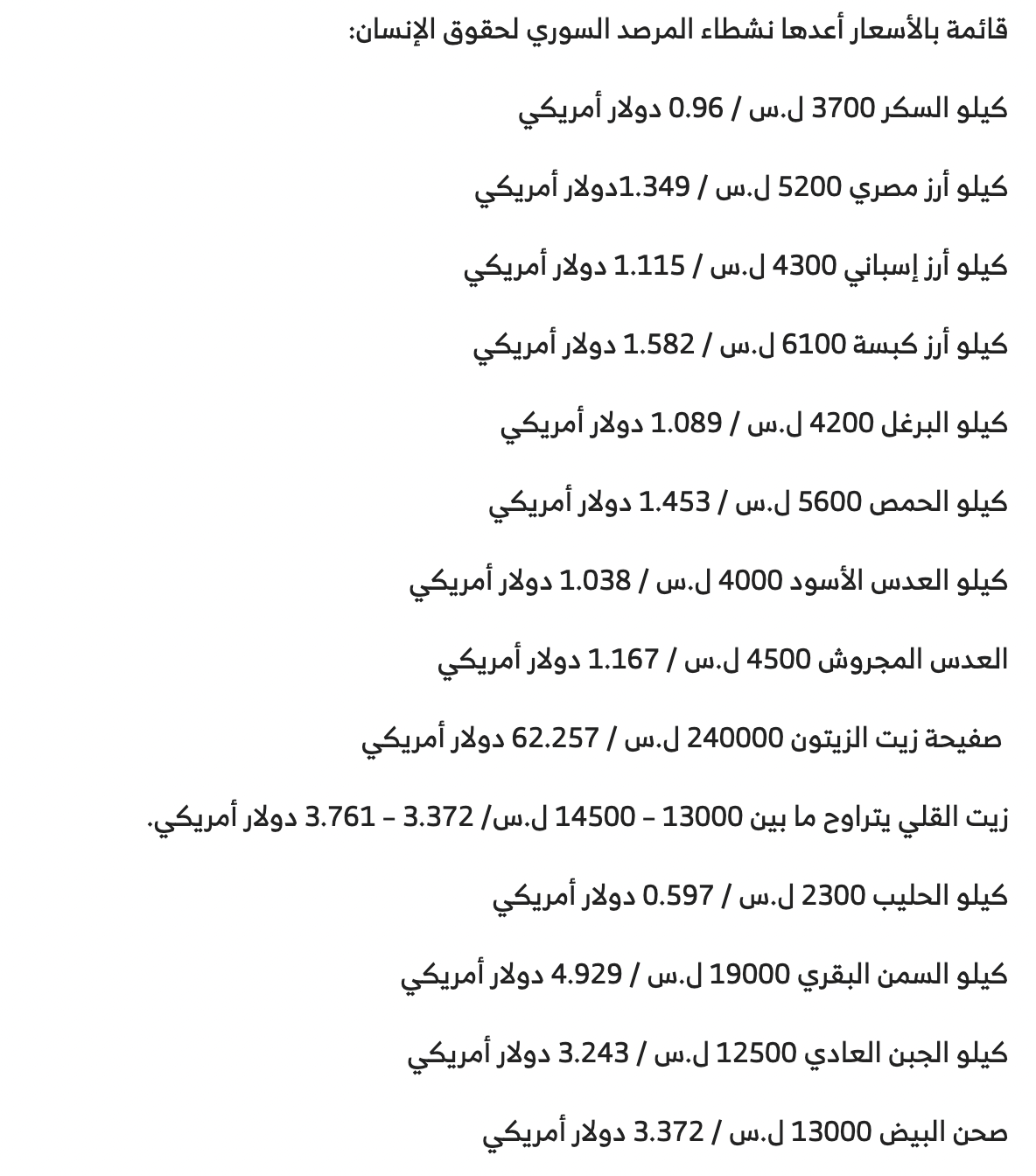 الأسعار في سوريا