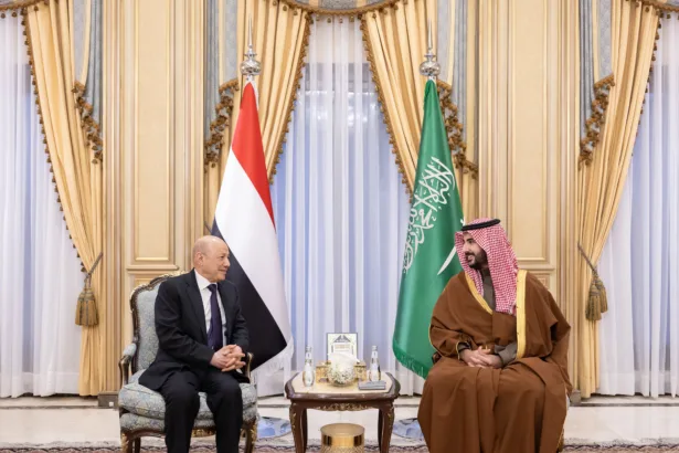 وزير الدفاع السعودي خلال لقائه رئيس المجلس الرئاسي اليمني وإعلانه عن حزمة الدعم السعودي