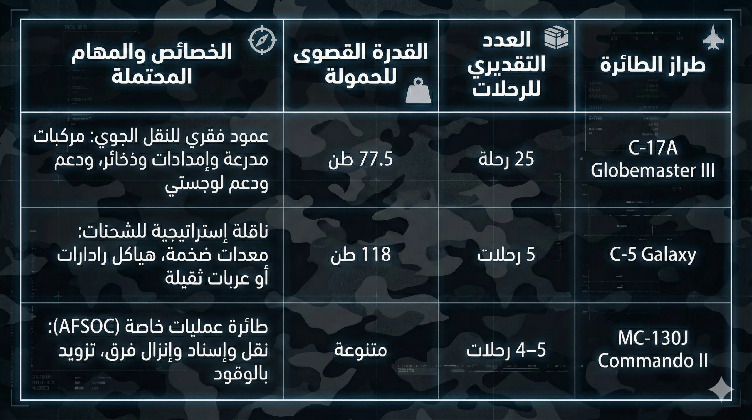 35 طائرة عسكرية أمريكية تهبط بالقوقاز.. ماذا تُحضّر واشنطن لطهران؟ 23 طبيعة أسطول النقل وقدرات ودلالات الطائرات العسكرية المستخدمة في الشحن