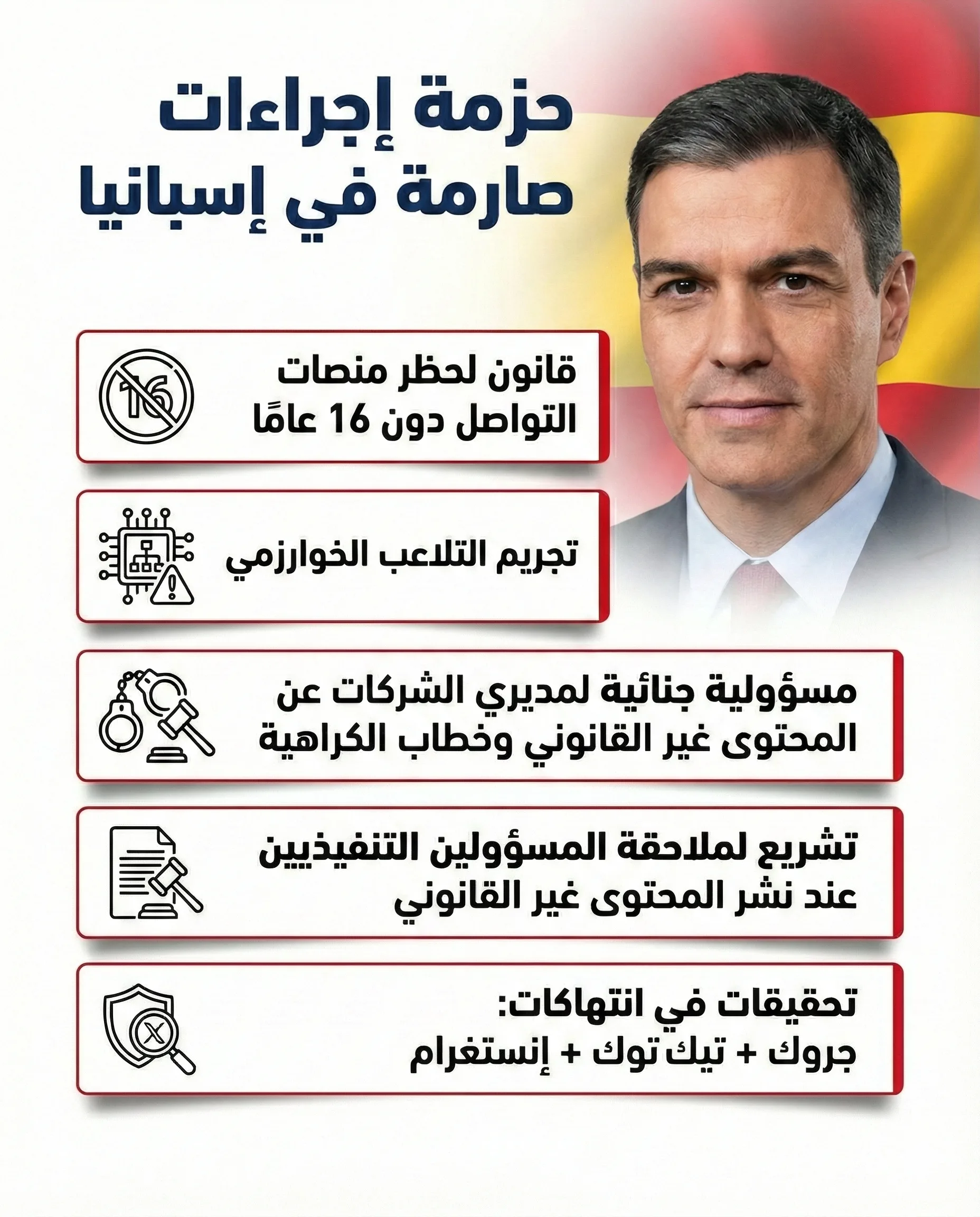 رئيس وزراء إسبانيا بيدرو سانشيز أعلن عن حزمة إجراءات صارمة لتنظيم وسائل التواصل في بلاده