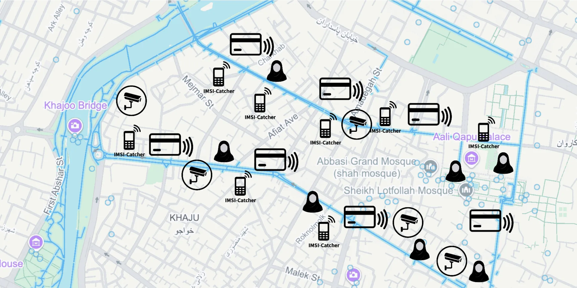 كيف حوّلت "إسرائيل" كاميرات المراقبة بإيران إلى سلاح اغتيال؟ 26 خريطة تخطيطية لأدوات المراقبة المستخدمة في المنطقة السياحية في أصفهان، استنادًا إلى معلومات شهود عيان تم تبادلها مع Filterwatch