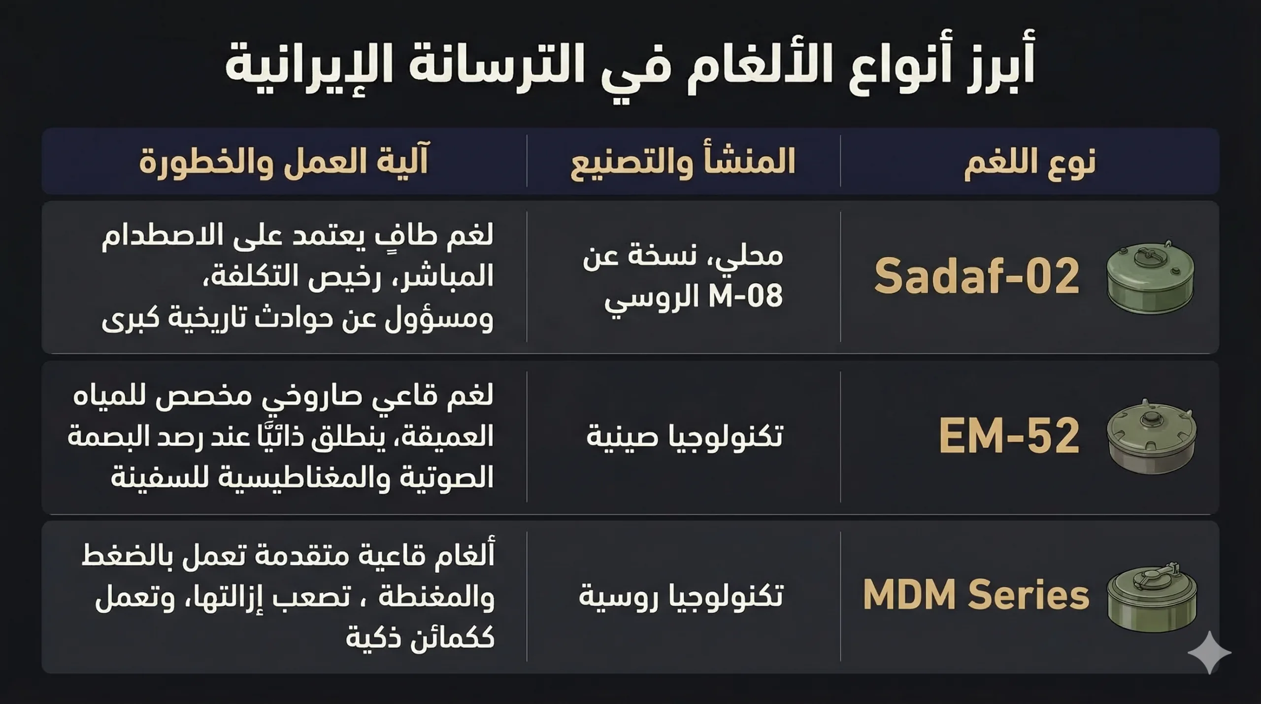 كل ما تريد معرفته عن الألغام الإيرانية في مضيق هرمز 26 أبرز أنواع الألغام المعروفة في الترسانة الإيرانية