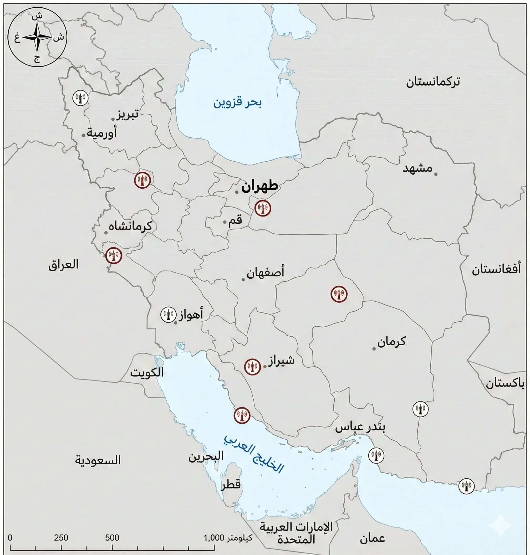 رادارات غدير المتضررة (باللون الأحمر) خلال حرب الـ 12 يوما