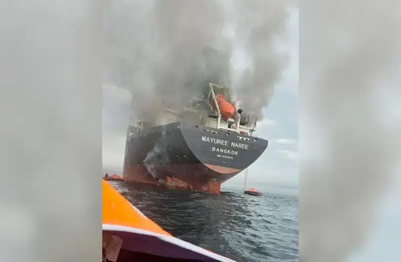 سفينة الشحن "مايوري ناري" التي ترفع علم تايلاند تغمرها سحابة من الدخان الأسود في مضيق هرمز، 11 مارس 2026 (رويترز)