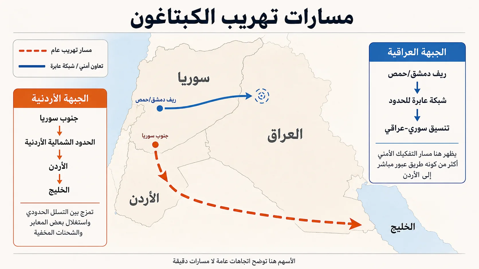 خريطة الكبتاغون.. كيف تتحرك شبكات المخدرات بين سوريا والأردن والعراق؟ 27 طريق الكبتاغون خط غير متصل من نقطة إلى أخرى وواقعه أكثر تعقيدًا مع وجود جبهات متعددة