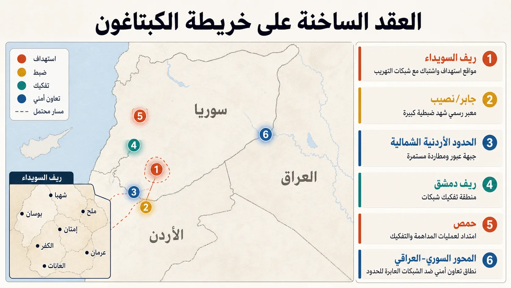 خريطة الكبتاغون.. كيف تتحرك شبكات المخدرات بين سوريا والأردن والعراق؟ 26 العقد الساخنة على خريطة تهريب الكبتاغون بين سوريا والأردن والعراق