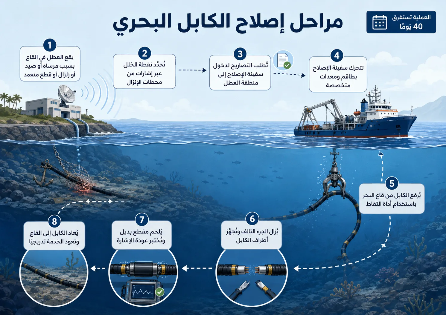 شريان رقمي في حقل ألغام.. ماذا نعرف عن كابلات الخليج تحت هرمز؟ 27 إصلاح الكابل البحري عملية معقدة تستغرق عادة أربعين يومًا