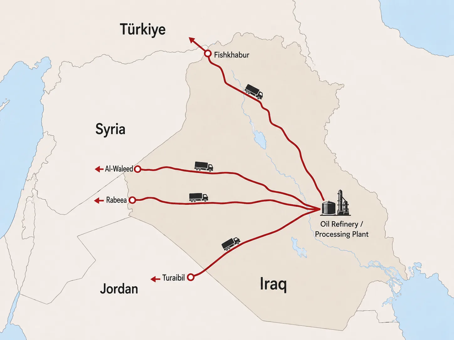 After the Iran war, 6 maps redraw Iraq’s oil routes to the world 29 The land route option is useful in emergencies, as it alleviates tank congestion and opens a limited avenue for product offloading.