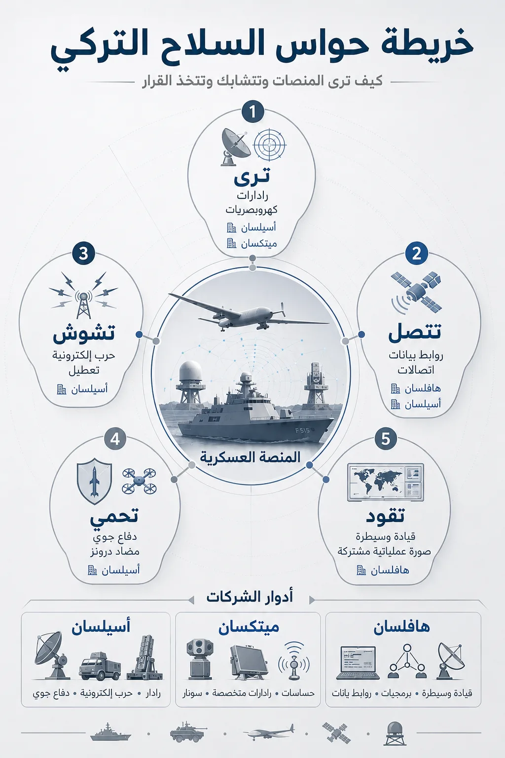 حواس الترسانة التركية: "أسيلسان" و"ميتكسان" و"هافلسان" 26 يوضح الإنفوجراف كيف تعمل “حواس” السلاح التركي كشبكة واحدة