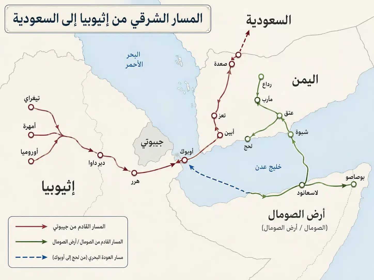 من إثيوبيا إلى السعودية.. كيف يبتلع المسار الشرقي المهاجرين ذهابًا وعودة؟ 26 خريطة توضح مسار الهجرة الشرقي من إثيوبيا إلى السعودية