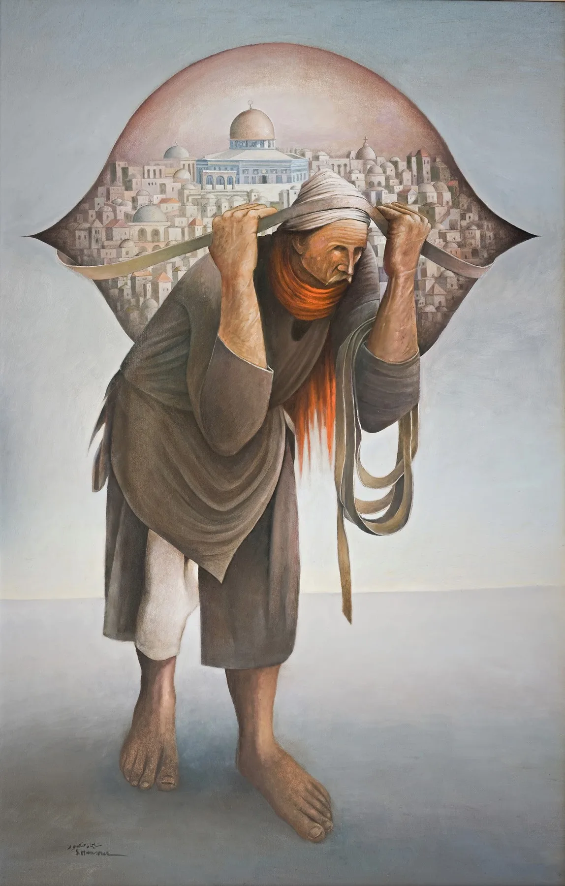 سليمان منصور.. حارس الذاكرة الذي رسم فلسطين وأدخل ترابها إلى لوحاته 27 "جمل المحامل" أشهر أعمال سليمان منصور وفيها رجل فلسطيني يحمل القدس على ظهره