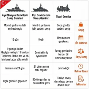 90 yıllık bir anlaşma: Türkiye, Karadeniz’e gemi girişini nasıl kontrol ediyor? 26 Montreux Sözleşmesi uyarınca Karadeniz’e kıyısı olan ve olmayan devletlerin ticari ve savaş gemilerinin geçişine ilişkin başlıca kurallar