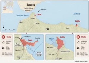 Ceuta ve Melilla: İspanyol işgalinin 5 yüzyıl ardından nüfus yapısı, sınırlar ve kimlik 26 Harita, Ceuta ve Melilla'nın Fas kıyısındaki konumunu, yüzölçümlerini, nüfuslarını, kara sınırlarını ve onları Fas çevresiyle bağlayan geçiş noktalarını göstermektedir