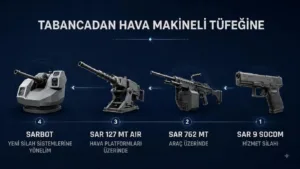 "Roketsan", "MKE" ve "Sarsılmaz"... Türkiye'nin Savunma Gücünü Şekillendiren Üçlü 30 Bu infografik, Sarsılmaz'ın bireysel silahtan platformlara entegre silah sistemlerine uzanan genişleme seyrini özetliyor.