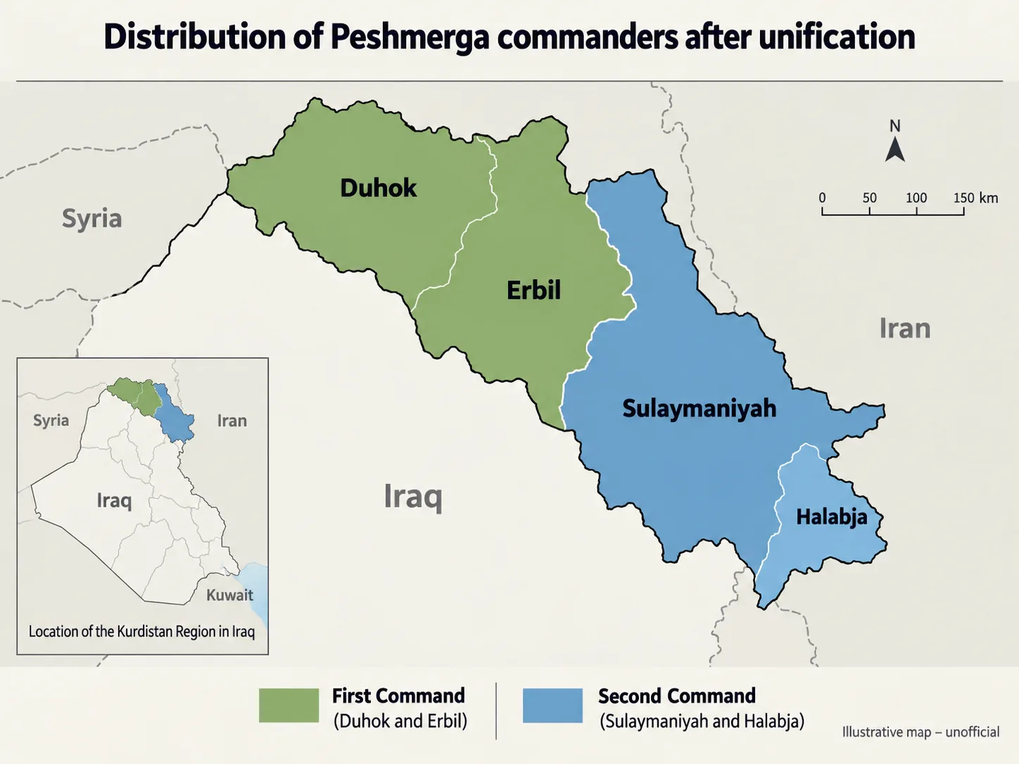 Iraqi Kurdistan has unified its Peshmerga forces. Can it end party control? 26 Distribution of the first and second Peshmerga commands after unification, between Erbil and Duhok on one side and Sulaymaniyah and Halabja on the other