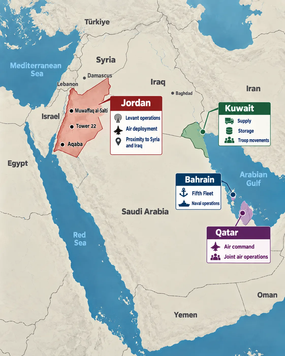 After the US withdrawal from Iraq and Syria, is Jordan becoming Washington’s rear base in the Levant? 27 Jordan is taking on a role more closely tied to operations in Syria and Iraq, within a US military network distributed between it and the Gulf states
