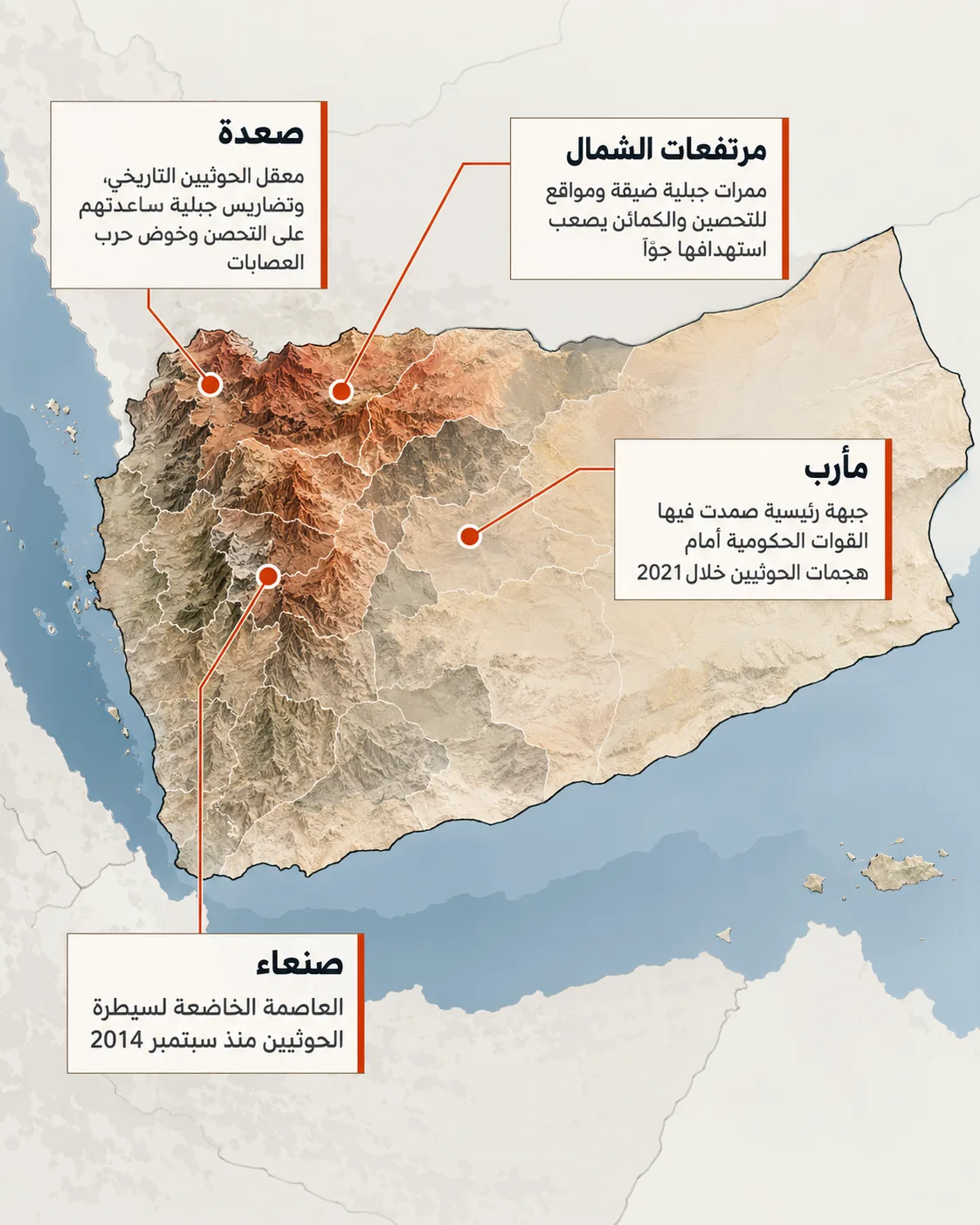 بعد 11 عامًا من القتال.. لماذا لم تهزم السعودية الحوثيين؟ 26 التضاريس الجبلية في شمال اليمن ساعدت الحوثيين على التحصن ومقاومة التفوق الجوي السعودي