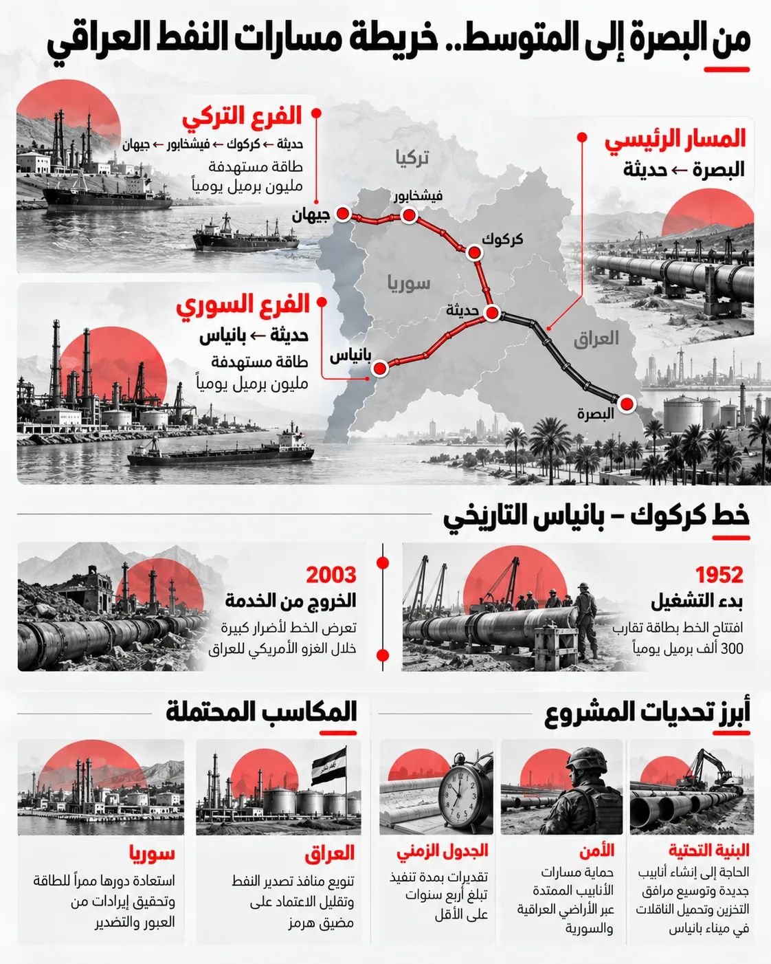 مشروع بـ15 مليار دولار وشبهات تضارب مصالح.. من يقف خلف خط النفط العراقي السوري؟ 28 المسارات المقترحة لنقل النفط العراقي إلى المتوسط عبر سوريا وتركيا والطاقة المستهدفة لكل فرع