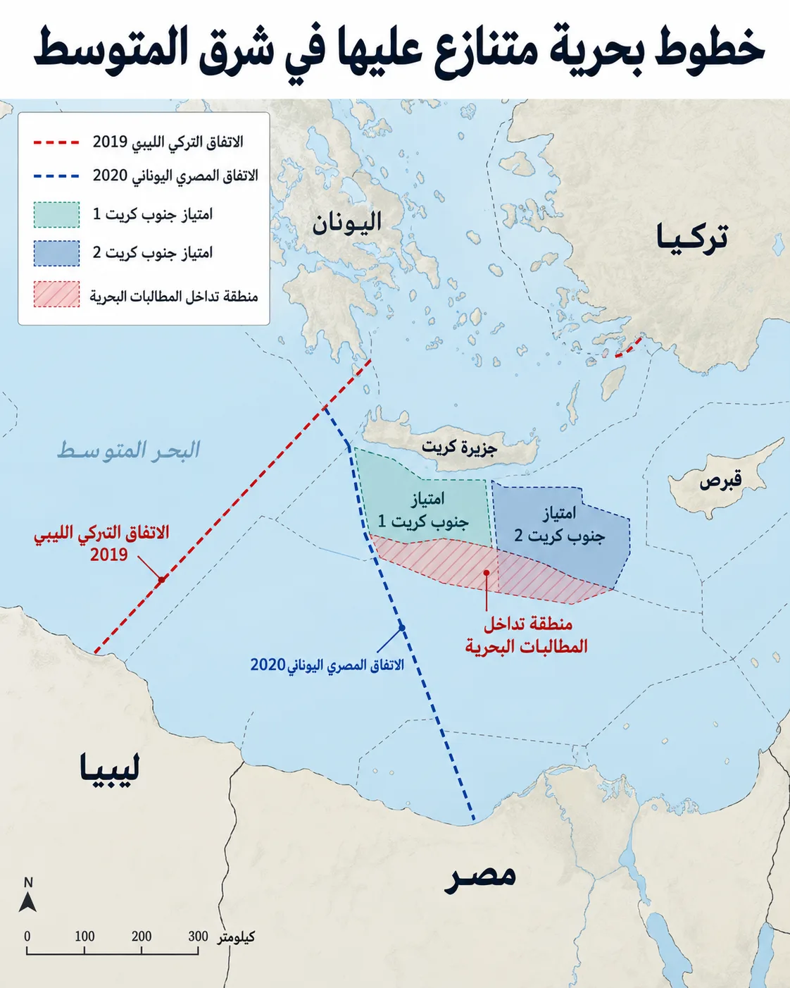 حفتر يربك حسابات حلفائه.. من هم الخاسرون من إقرار الاتفاق البحري مع تركيا؟ 27 خريطة توضح الاتفاقين البحريين التركي الليبي والمصري اليوناني، ومناطق التنقيب جنوب كريت التي تتداخل بشأنها المطالبات البحرية
